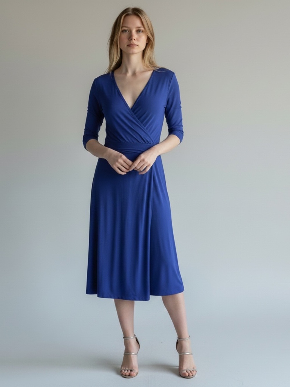 *Lauren Ralph‎ Lauren Women's Size 8 Wrap Style Dress Knee Length Stretch Blue